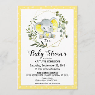 Invitation Eléphant jaune Baby shower moderne