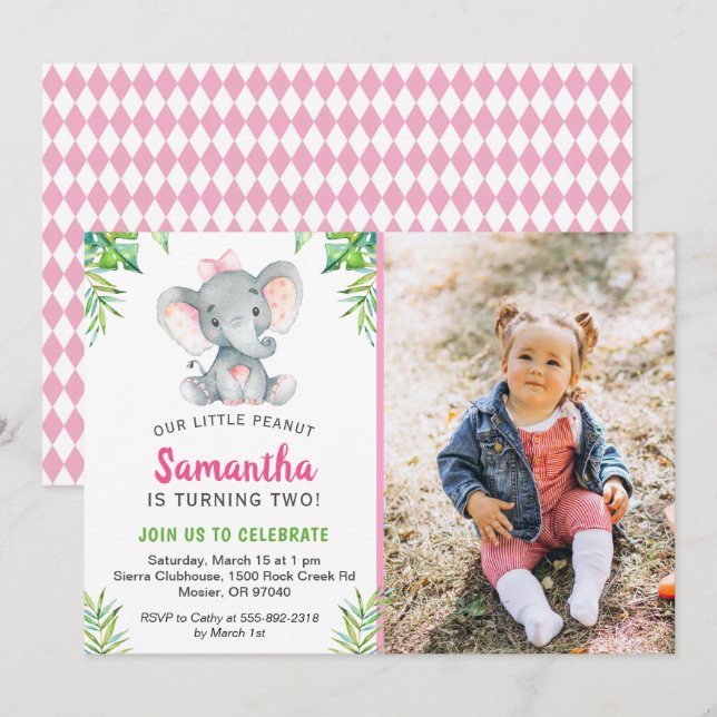Invitation Elephant Little Peanut Girl Birthday Party Photo (Devant / Derrière)