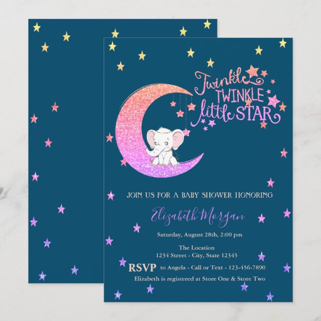 Invitation Eléphant, Lune, Étoiles Twinkle Petit Baby shower (Devant / Derrière)