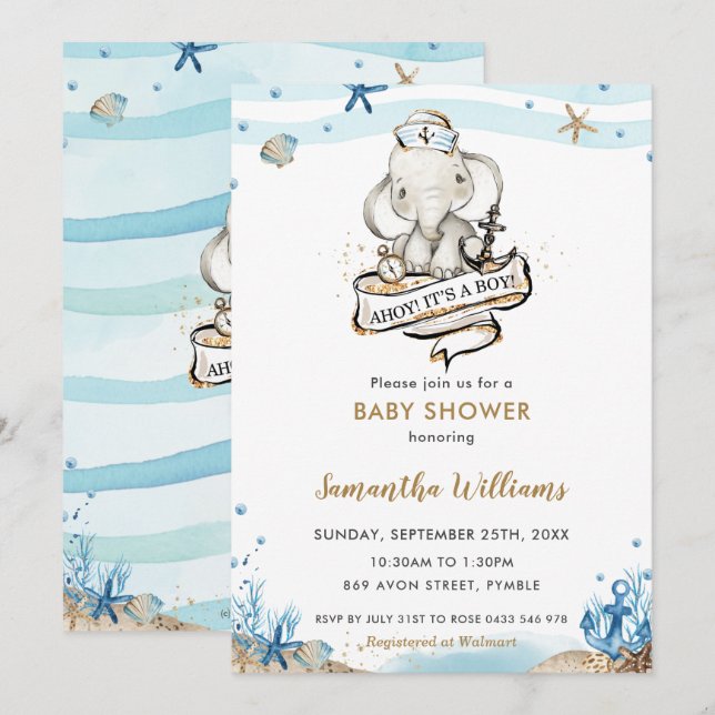 Invitation Eléphant marin mignon Ahoy C'est un Baby shower ga (Devant / Derrière)