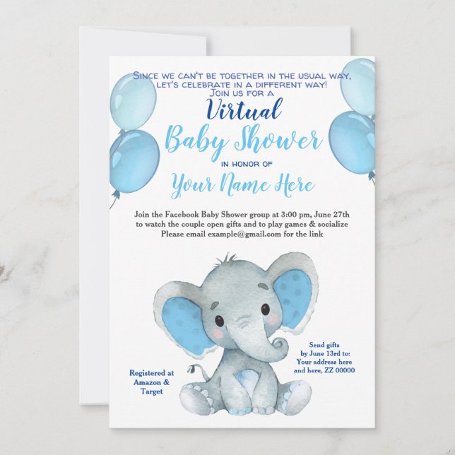 Invitation Elephant Masque Douche Virtuelle Baby Boy Invitati (Devant)