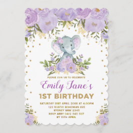 Invitation Eléphant mignon 1er Anniversaire Fleurs d'or viole