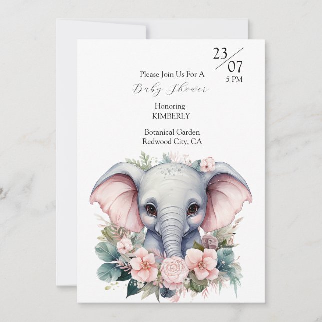 Invitation Eléphant mignon aux fleurs (Devant)