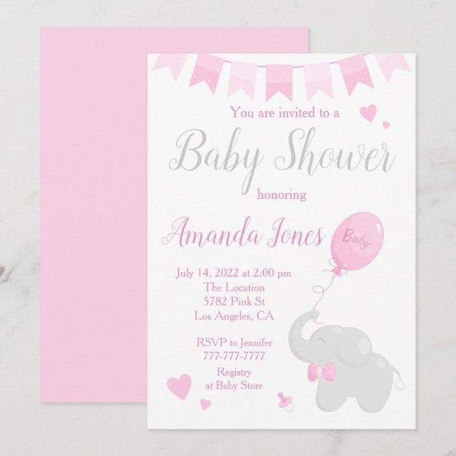 Invitation Eléphant mignon avec Baby shower de ballon fille (Devant / Derrière)