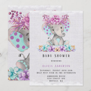 Invitation Eléphant mignon avec Baby shower Turquoise Floral 