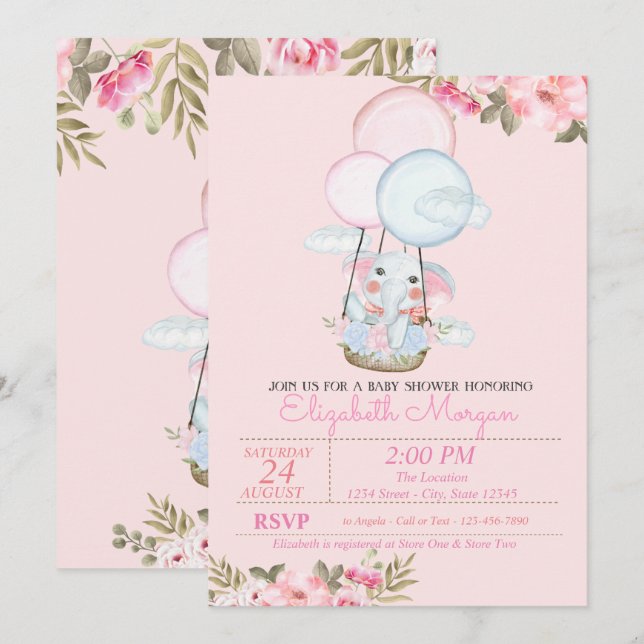 Invitation Eléphant mignon, Baby shower floral à ballon à air (Devant / Derrière)