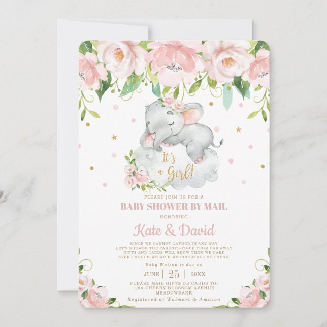 Invitation Eléphant mignon Baby shower virtuel par courrier (Devant)