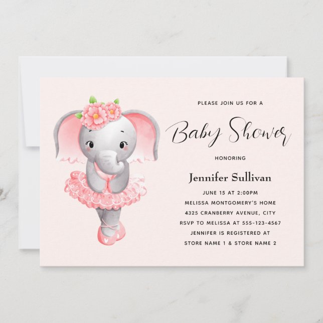 Invitation Eléphant mignon Ballerina Baby shower rose et gris (Devant)