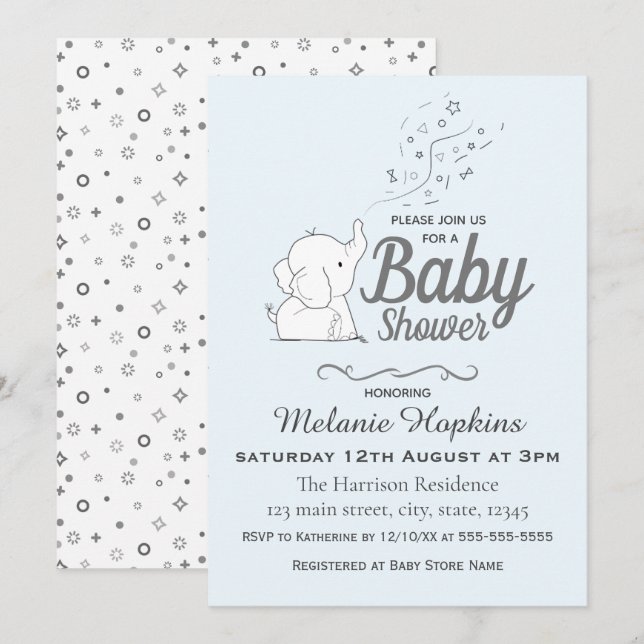 Invitation Eléphant mignon et Baby shower bleu Confetti (Devant / Derrière)