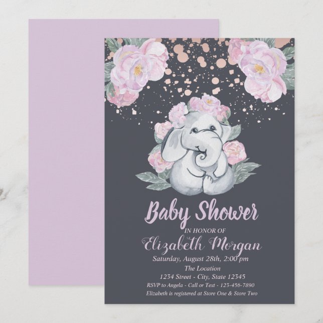 Invitation Eléphant mignon, Fleurs Baby shower violet clair (Devant / Derrière)