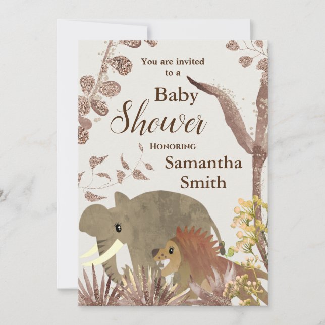 Invitation Eléphant mignon, Lion et Baby shower d'art floral (Devant)