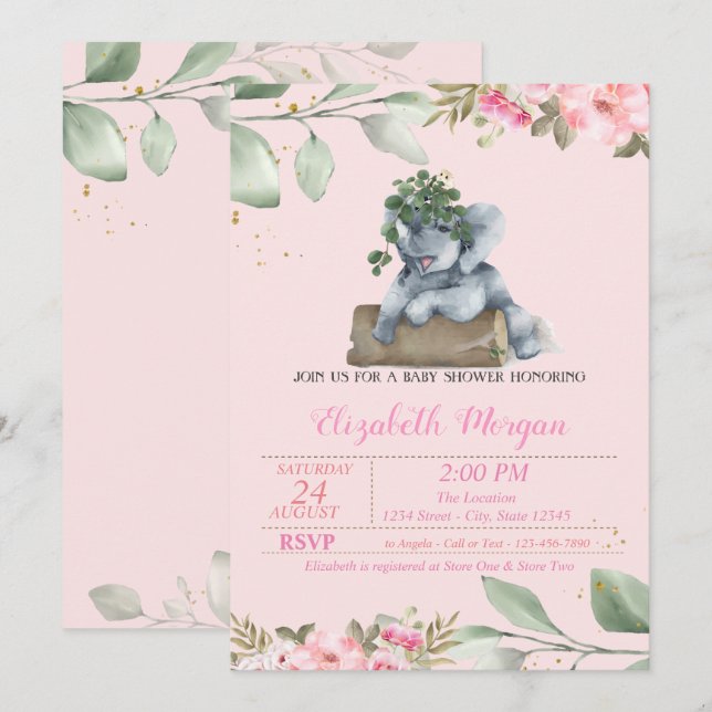 Invitation Eléphant mignon, Partir, Baby shower Floral (Devant / Derrière)