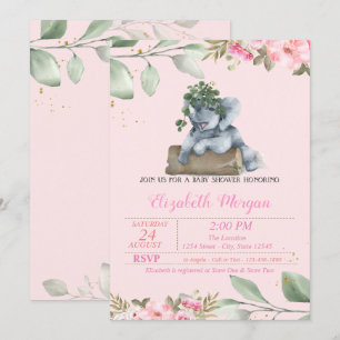 Invitation Eléphant mignon, Partir, Baby shower Floral