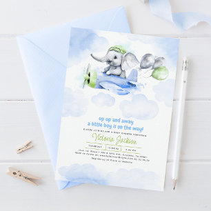 Invitation Eléphant mignon & Plan Baby shower gris vert bleu