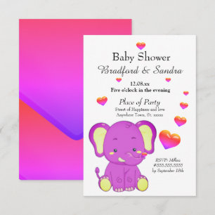Invitation Eléphant mignon rose pourpre Coeurs Baby shower fi