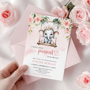 Invitation Éléphant mignon sur une balançoire, roses roses qu