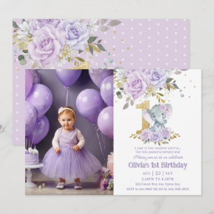 Invitation Eléphant mou à fleurs violet Un 1er anniversaire P