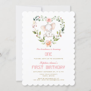 Invitation Eléphant mou Blush Floral Heart Girl 1er anniversa