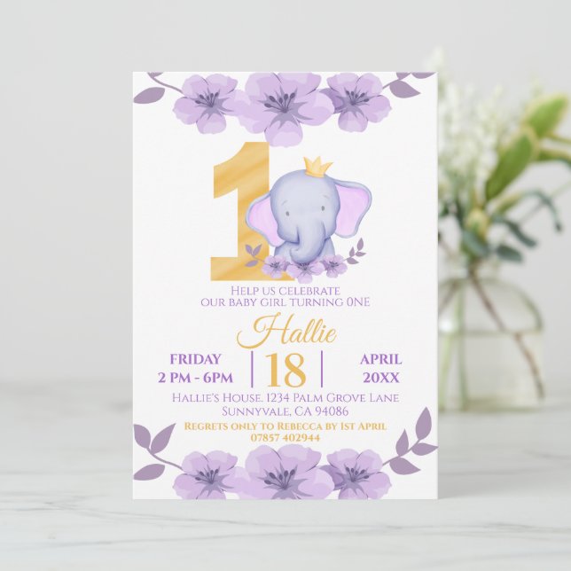 Invitation Eléphant mou Floral 1er anniversaire (Debout devant)