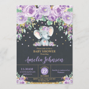 Invitation Eléphant mou violet Baby shower Floral Baby Girl