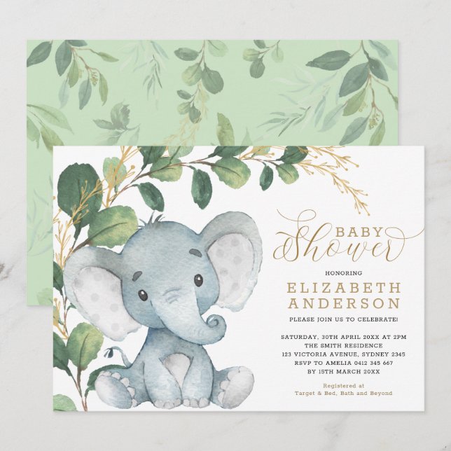 Invitation Eléphant Neutre Vert doux Baby shower Or (Devant / Derrière)