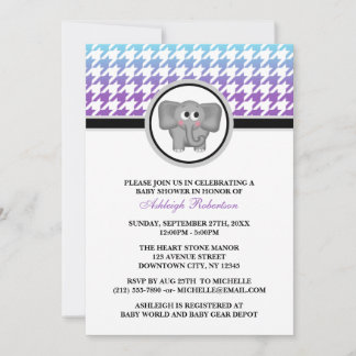 Invitation Elephant Ombre Aqua Purple Houndstooth Baby shower