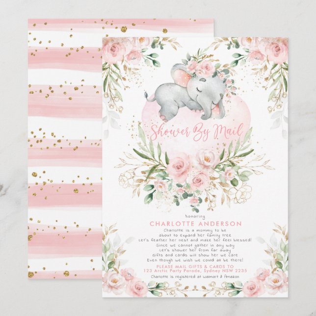 Invitation Eléphant Or Blush Feminine Baby shower Par Mail (Devant / Derrière)