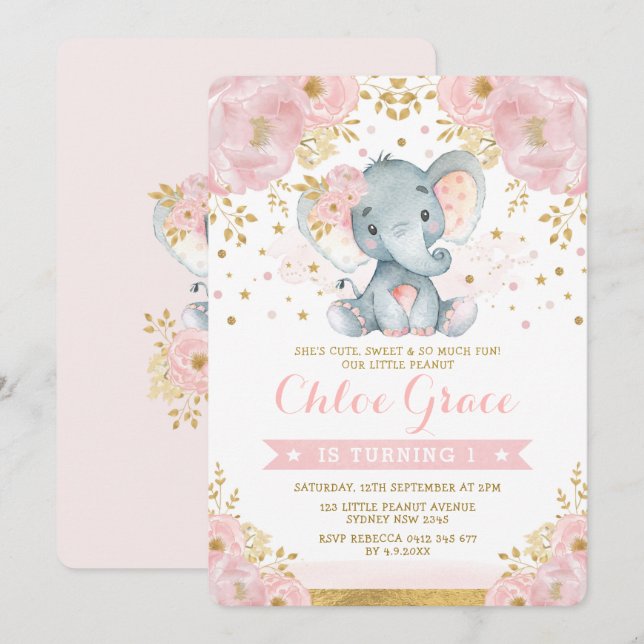 Invitation Eléphant or doux 1er Anniversaire Chic Floral (Devant / Derrière)