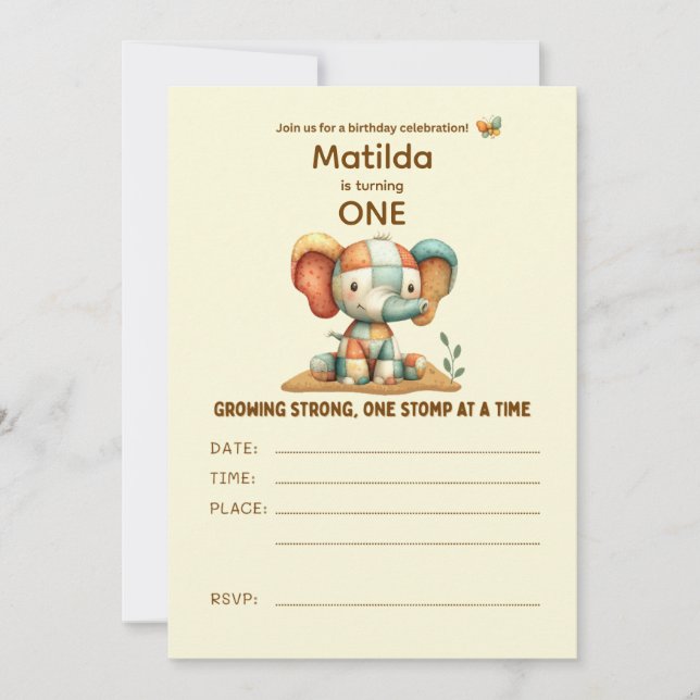 Invitation Éléphant patchwork “Grandir en force”   (Devant)