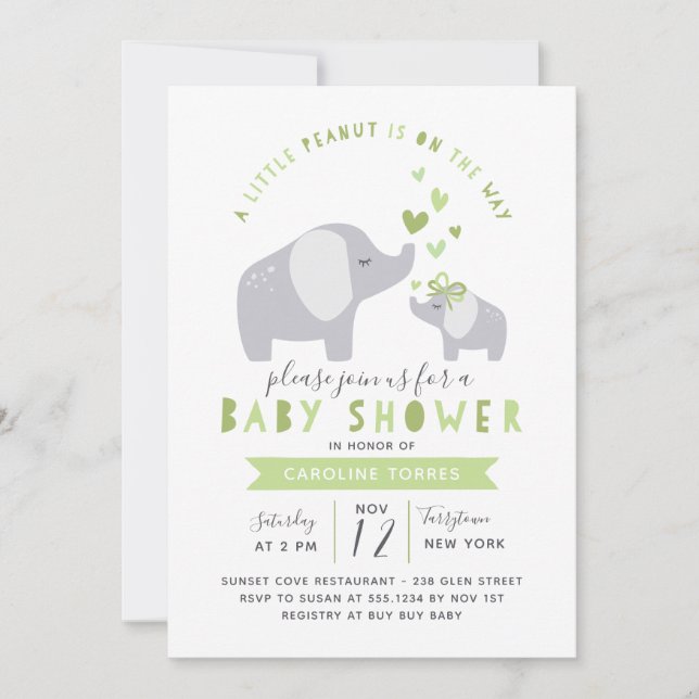 Invitation Eléphant Petit Arachide | BABY SHOWER | Vert (Devant)