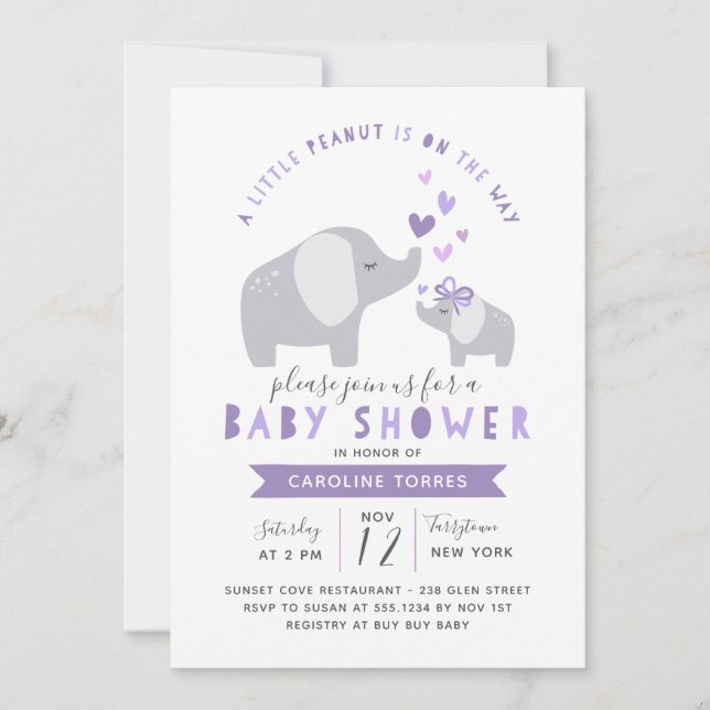 Invitation Eléphant Petit Arachide | BABY SHOWER | Violet (Devant)