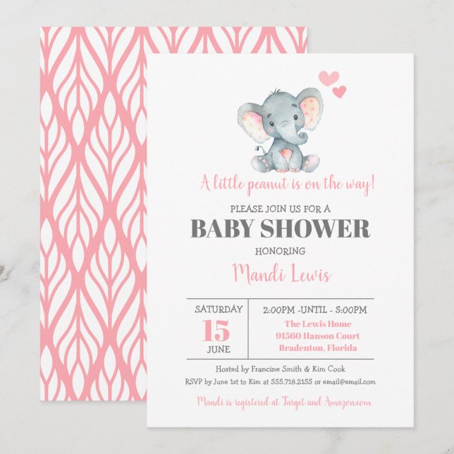 Invitation Eléphant Petit Baby shower de fille de cacahuètes (Devant / Derrière)