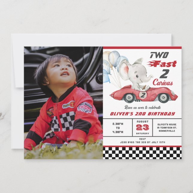 Invitation Elephant Red Race Car Deux Fast 2e Anniversaire (Devant)