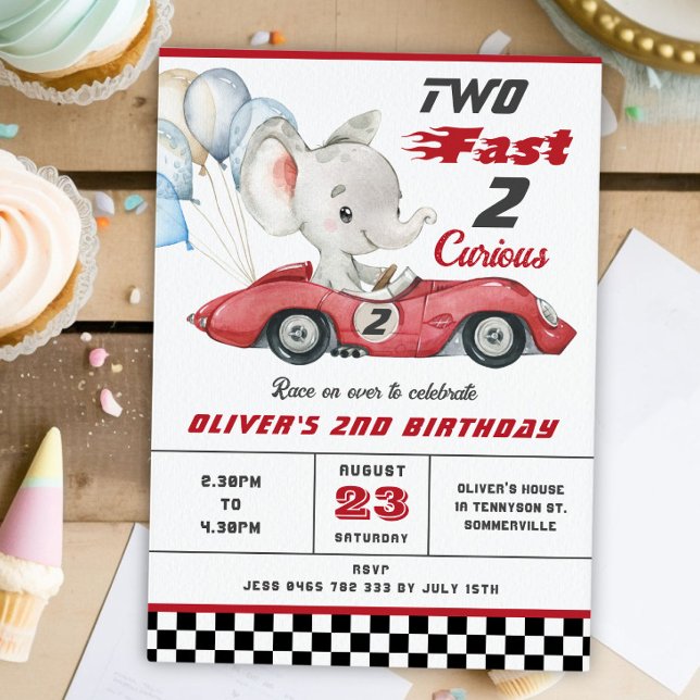 Invitation Elephant Red Race Car Deux Fast 2e Anniversaire (Créateur téléchargé)