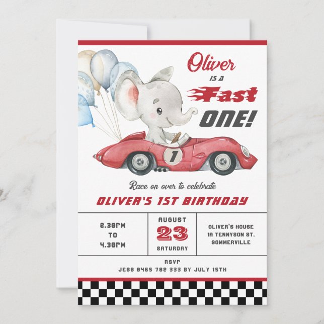 Invitation Elephant Red Race Car Fast Un 1er premier annivers (Devant)