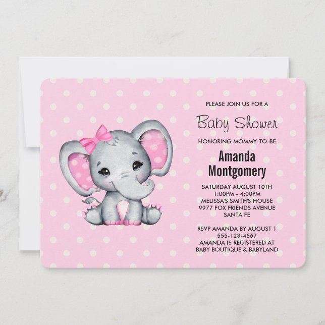 Invitation Eléphant rose bébé avec Baby shower Pois (Devant)