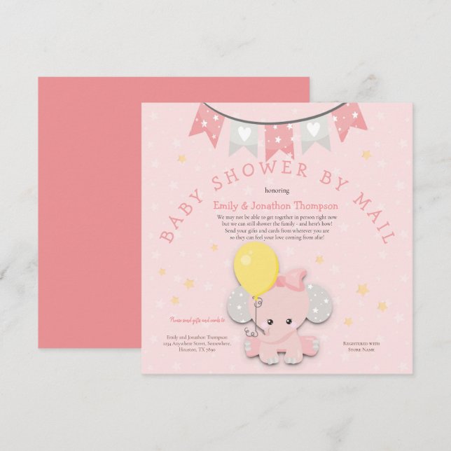 Invitation Eléphant Rose Cute Baby shower Par Courrier (Devant / Derrière)