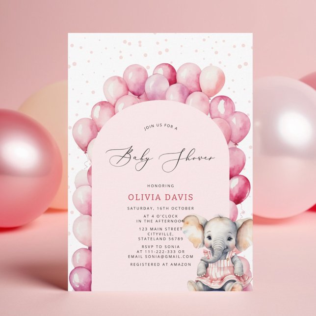 Invitation Eléphant rose et Baby shower de ballon pour fille (Créateur téléchargé)