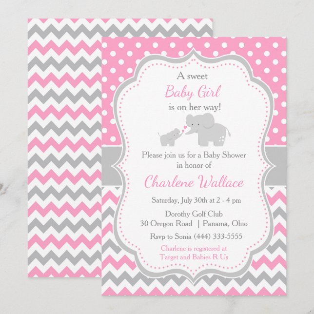 Invitation Eléphant rose et gris Baby shower (Devant / Derrière)