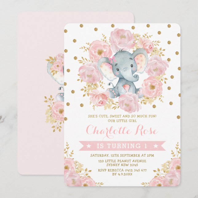 Invitation Eléphant rose et or joli 1er Anniversaire Jungle (Devant / Derrière)
