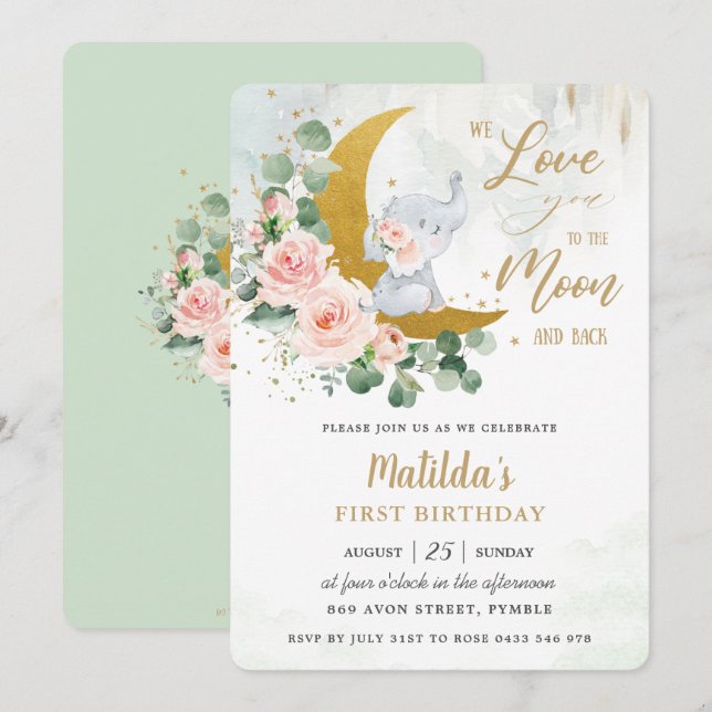 Invitation Eléphant rose Floral 1er Anniversaire Crescent Moo (Devant / Derrière)