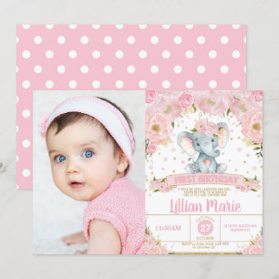 Invitation Eléphant rose floral 1er anniversaire fille photo