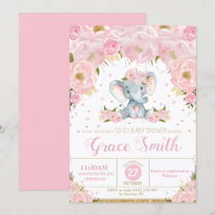 Invitation Eléphant rose Floral Co-Ed fille Baby shower