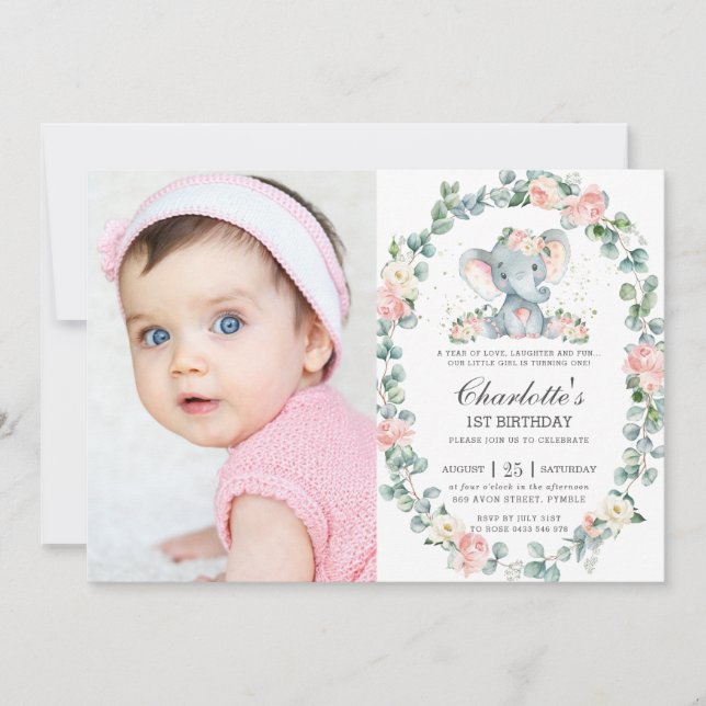 Invitation Elephant rose floral verdure 1er anniversaire Phot (Devant)