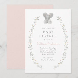 Invitation Eléphant rose Floral Vert Fille Baby shower