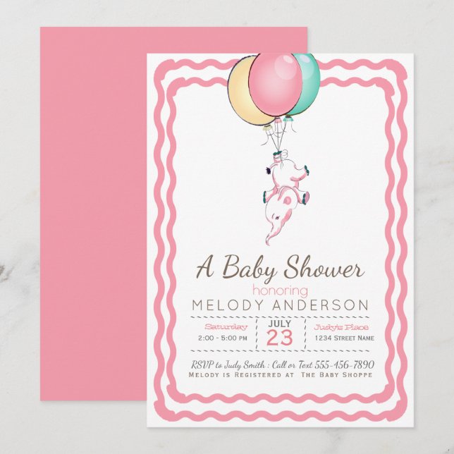 Invitation Eléphant rose mignon et Baby shower de ballons (Devant / Derrière)