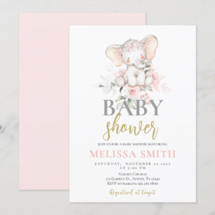 Invitation Eléphant rose pâle fille Baby shower
