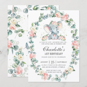 Invitation Eléphant rose pâle Vert Floral 1er anniversaire