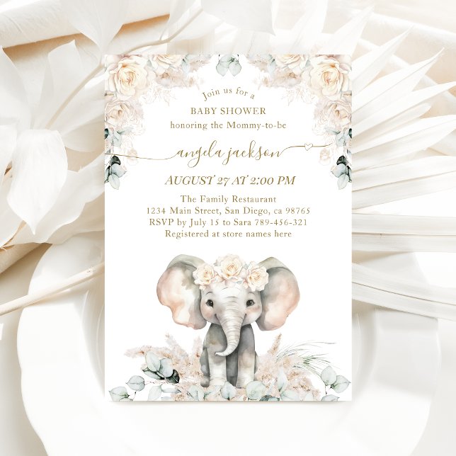 Invitation Eléphant Roses Blanches Boho Pampas Baby Girl Douc (Créateur téléchargé)