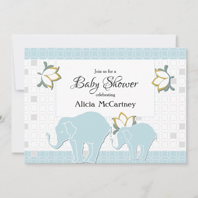 Invitation Elephant Safari Floral Blue & Grey Boy Baby shower (Devant)